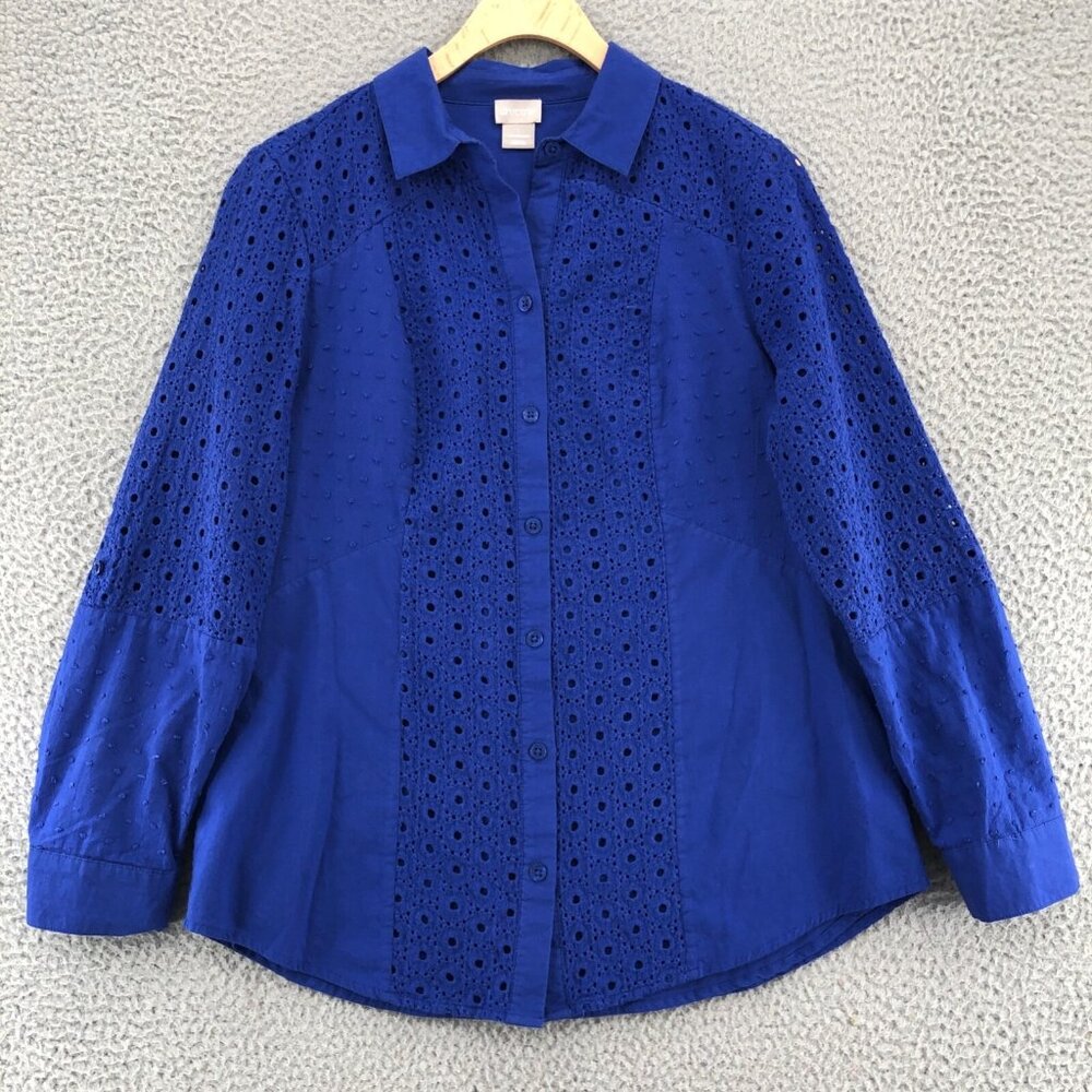 Chicos Top Womens 1 US 8 Blue Eyelet Mix Swiss Dot Button Up Collar Long Sleeve